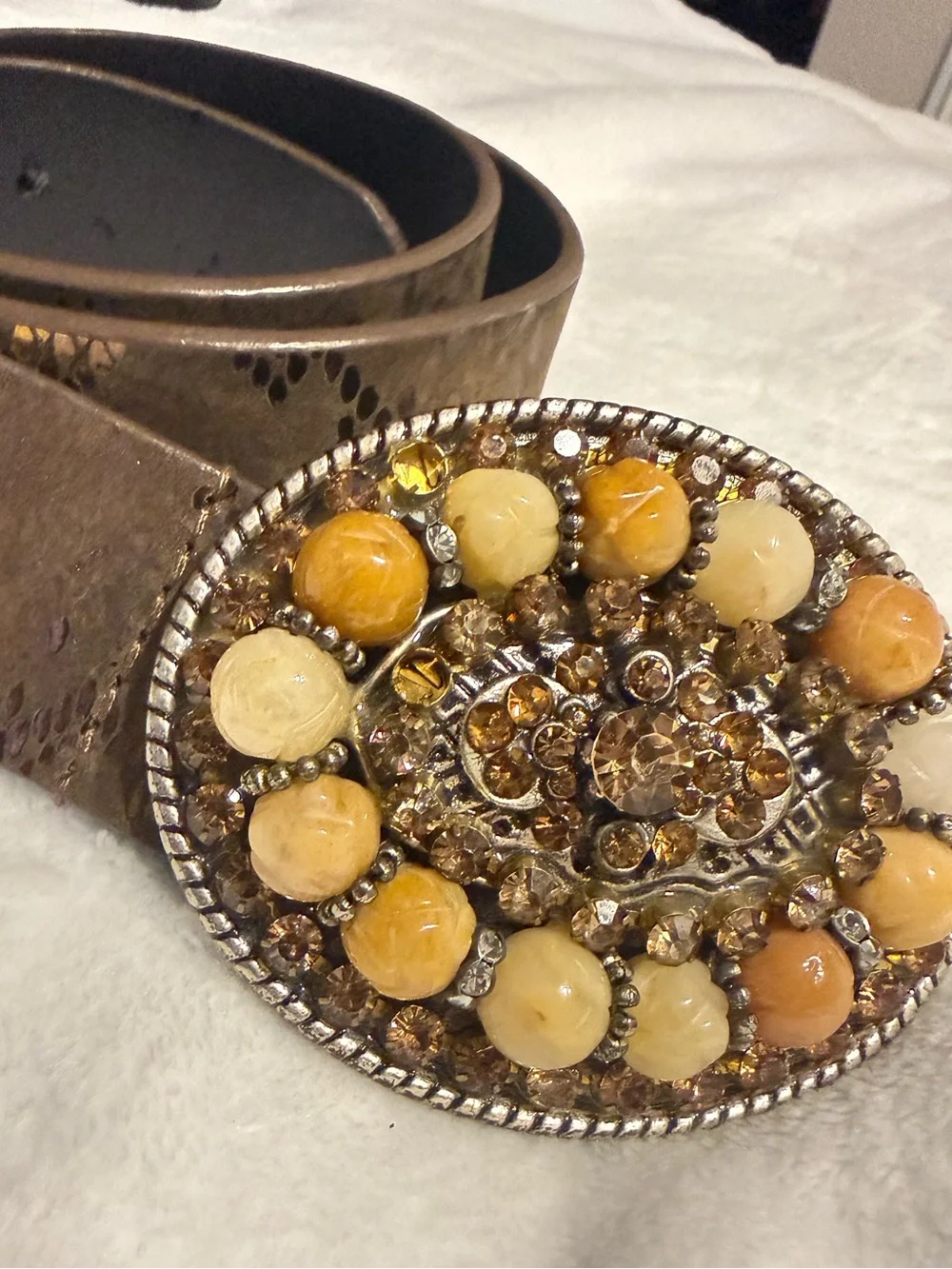 Chico's Gold-Tone Belt with Amber and Cream Jeweled Oval Buckle
